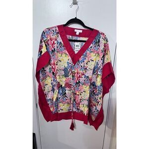 Charter Club Women's Printed V Neck Poncho Top Red Petite Size Large NWT P1-40